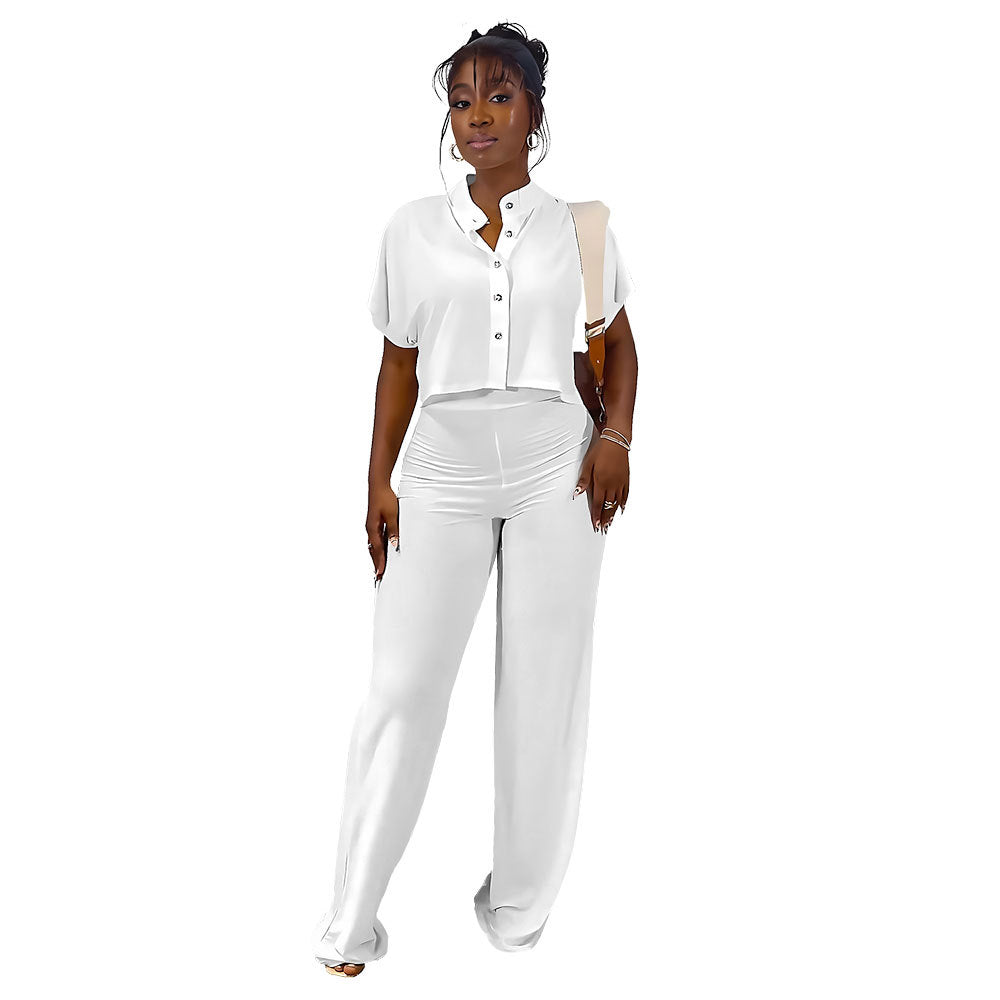 Conjunto de dos piezas para mujer, informal, de color liso, con botonadura sencilla, manga corta y pantalones ajustados