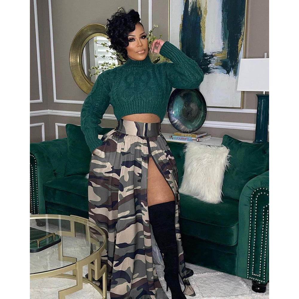 Falda de cintura elástica con abertura y cremallera con estampado de camuflaje informal para mujer