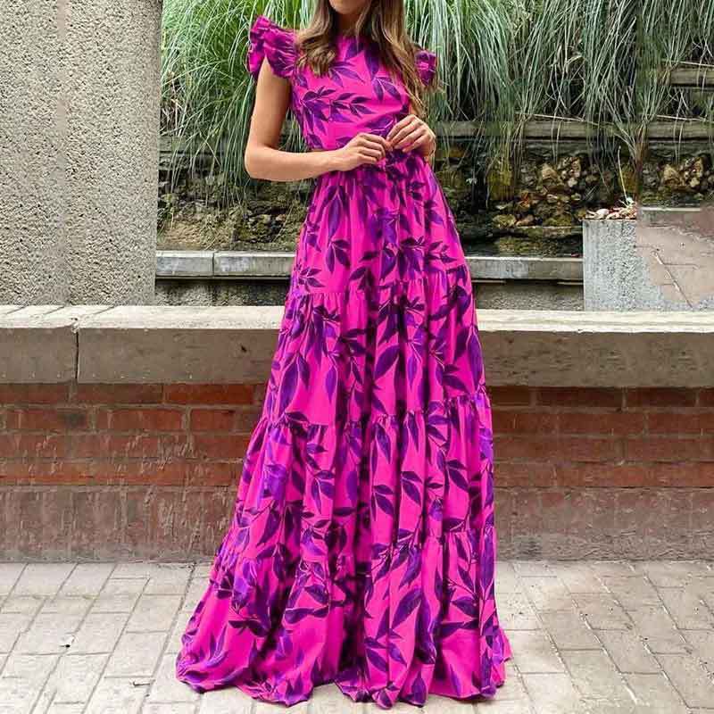 Summer Women Casual Print Round Neck Flounce Maxi Dress