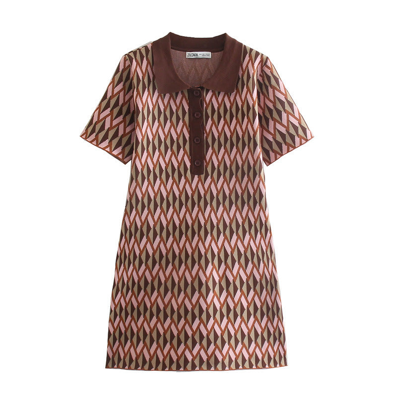 Women Edgy Casual Lapel Short Sleeves Color Blocking A-line Knitted Dress