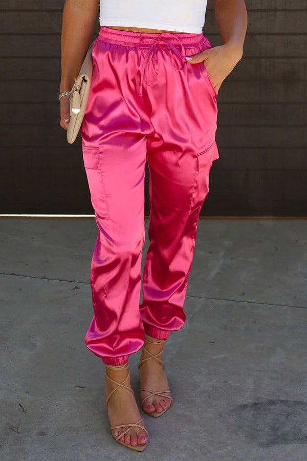 Women Fashion Casual Solid Color Elastic Waist Cuffed Jogger Pants