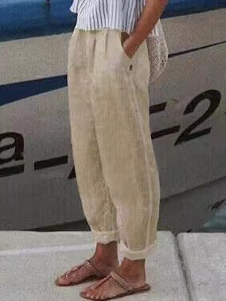 Pantalones elegantes de lino y algodón para mujer, con estampado floral vintage, cintura elástica y bolsillos, informales