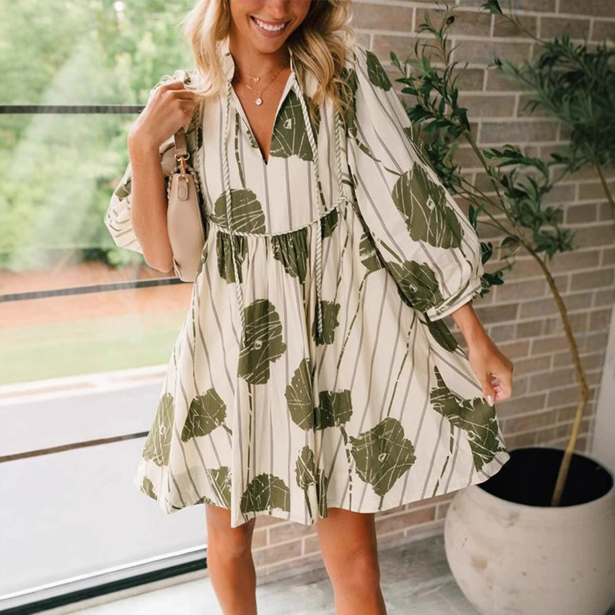 Women Fashion Casual Floral Printed V-Neck Long-Sleeve Dress
