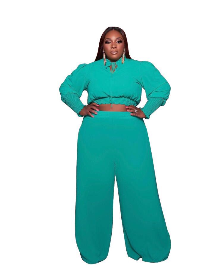 Conjunto de dos piezas de blusa corta de manga larga y pantalones de pierna ancha para mujer, informal, de color liso, talla grande