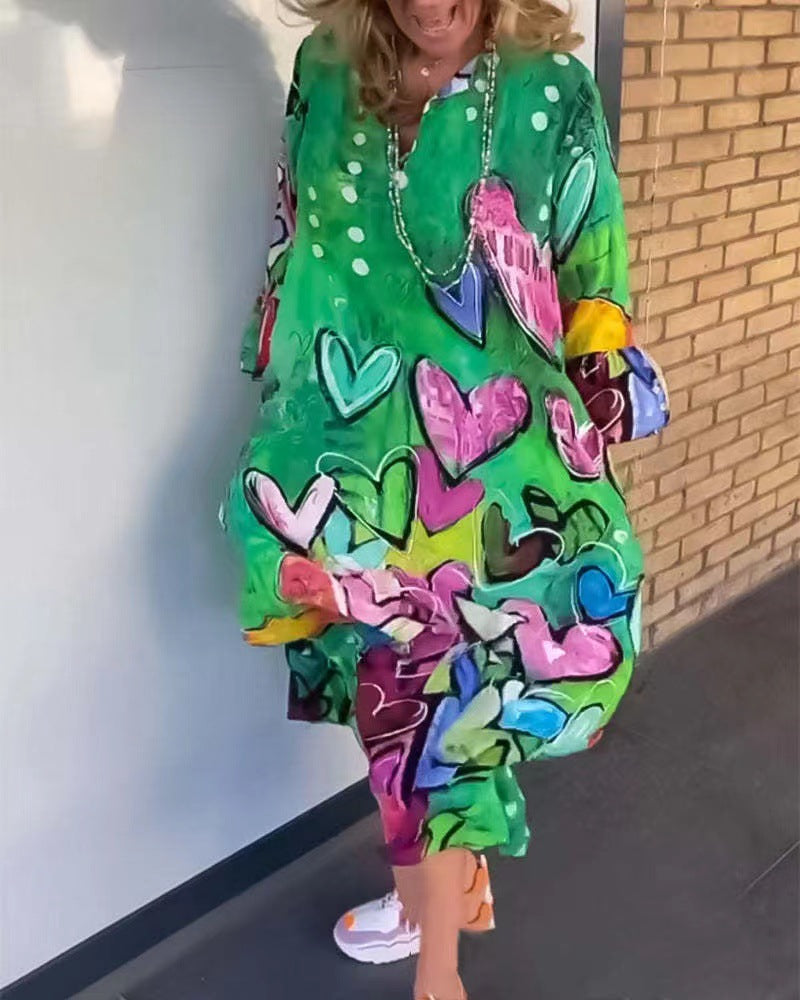 Vestido largo informal holgado de manga larga con estampado de corazón para mujer