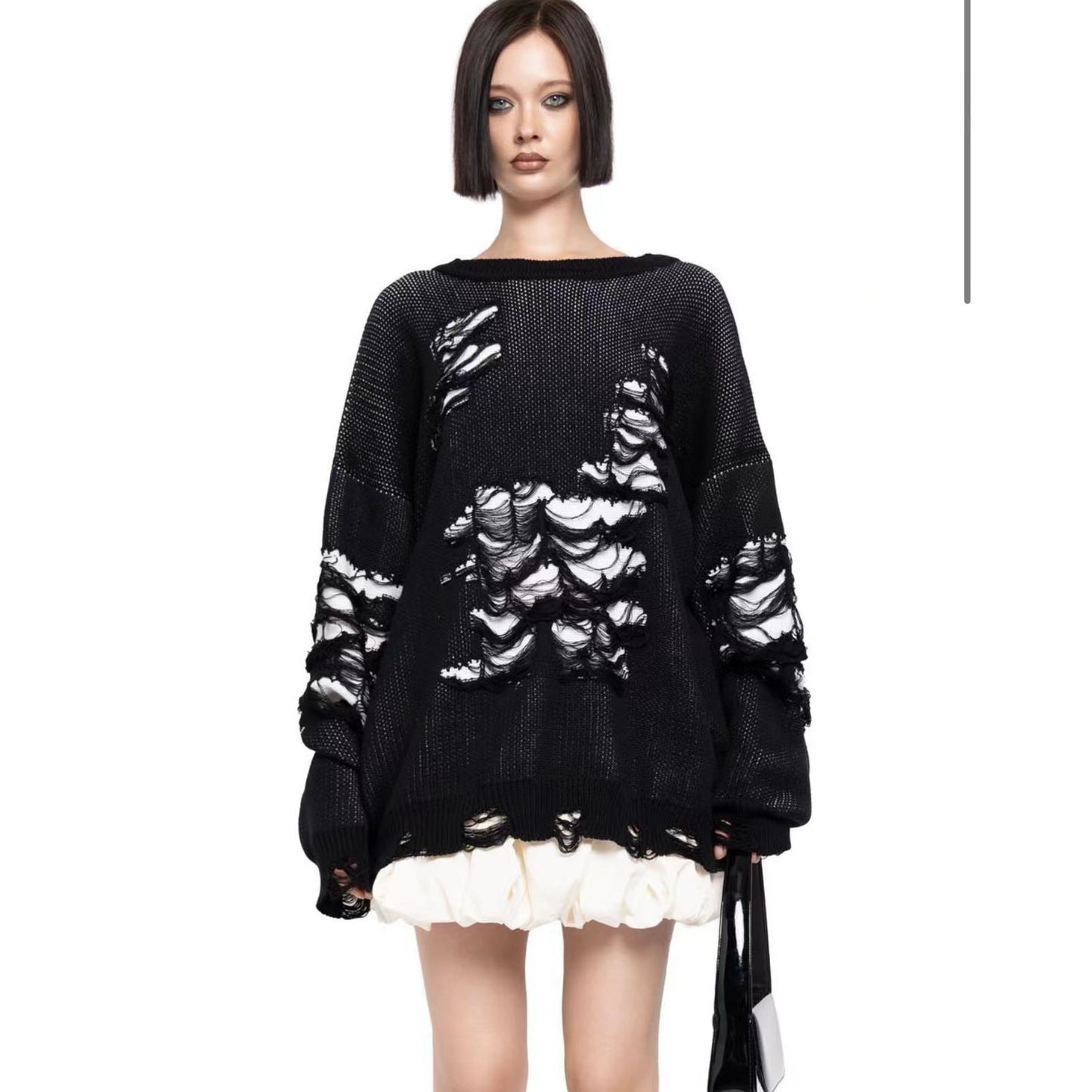 y2k Winter Street Fashion Women Casual Loose Ripped Color-Matching Long-Sleeved Knitted Sweater