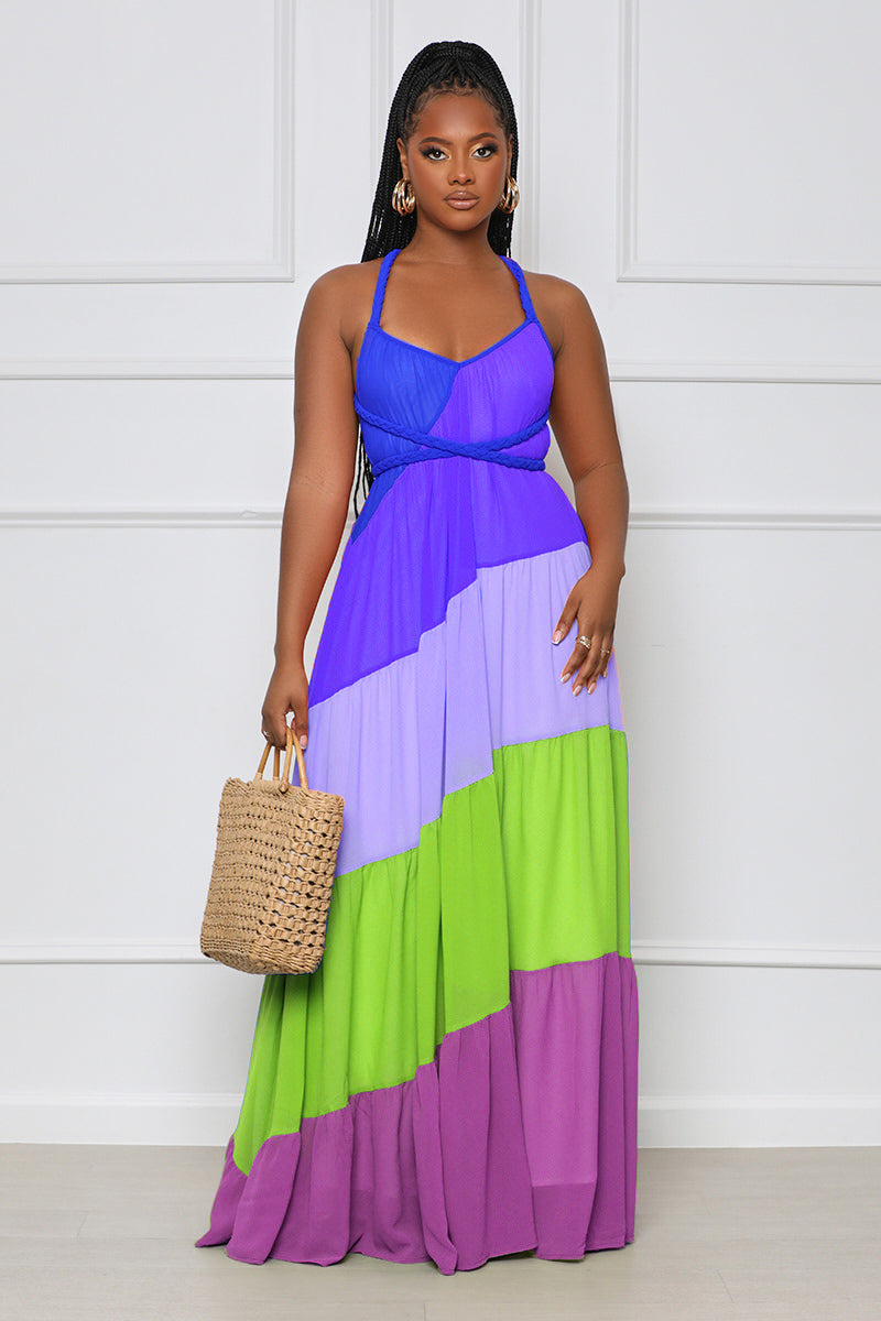 Summer Women Casual Color Blocking Bandage Backless Ruffled Chiffon Dress