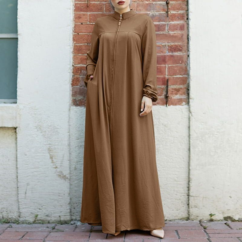 Women Casual Solid Color Long Sleeve Collar Zip Cardigan Abaya Loose Maxi Dress