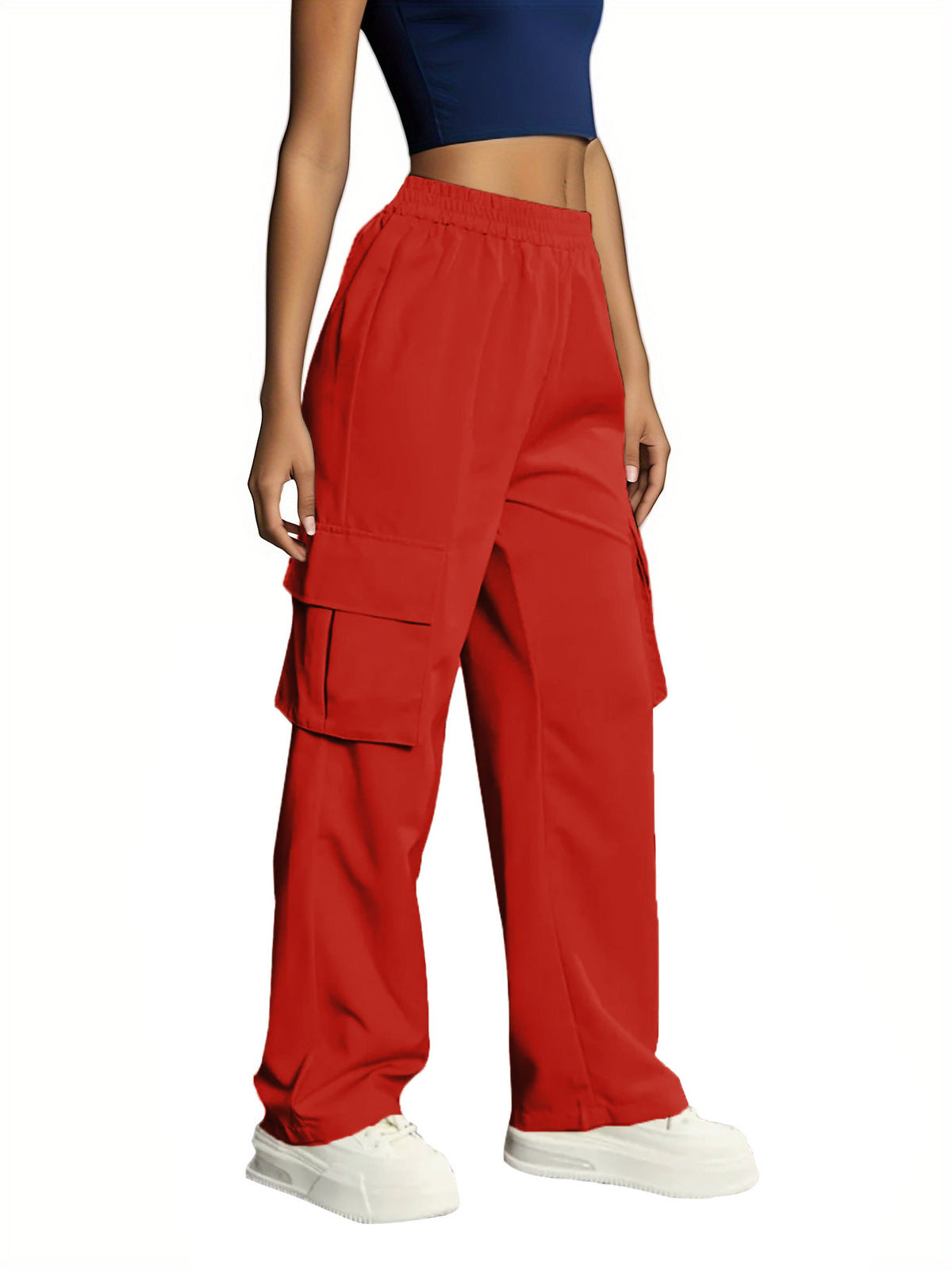 Women Casual Solid Color High Waist Pocket Pants