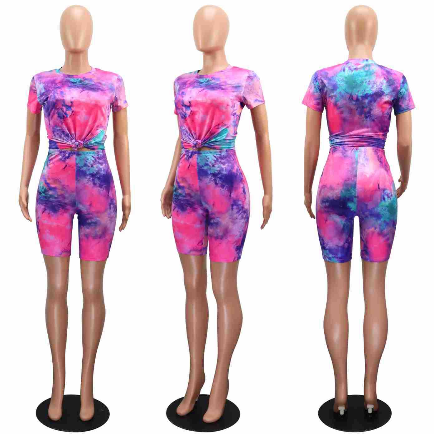 Conjunto de dos piezas de top y pantalones cortos de manga corta con cuello redondo y teñido anudado informal para mujer