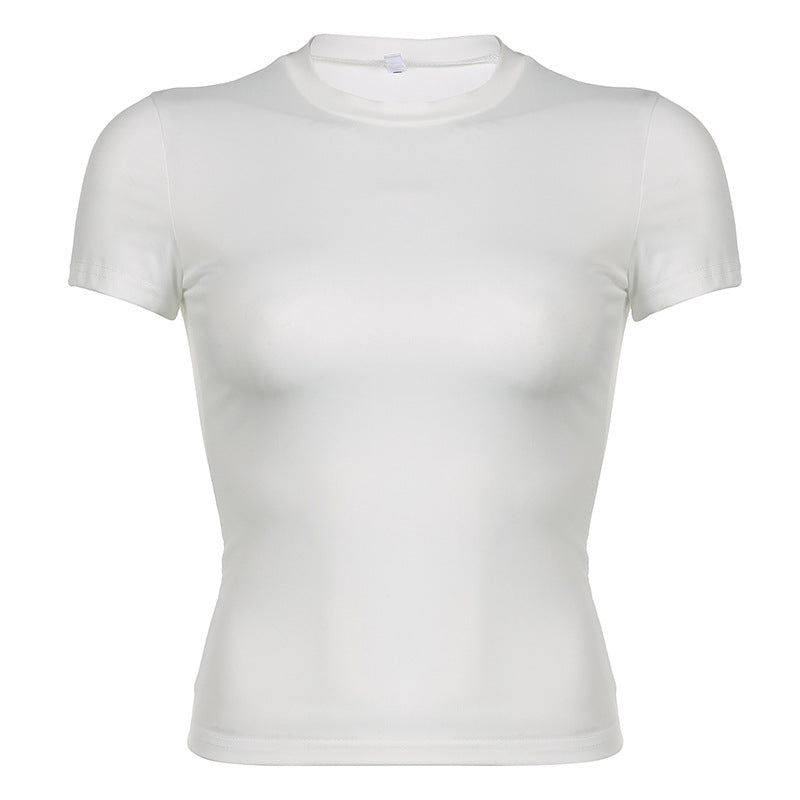 Camiseta informal de manga corta con cuello redondo y color liso para mujer