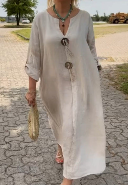 Women Casual Plus Size Loose Solid Color V-Neck Dress