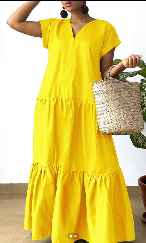 Vestido largo informal de manga corta con escote en V y color liso para mujer
