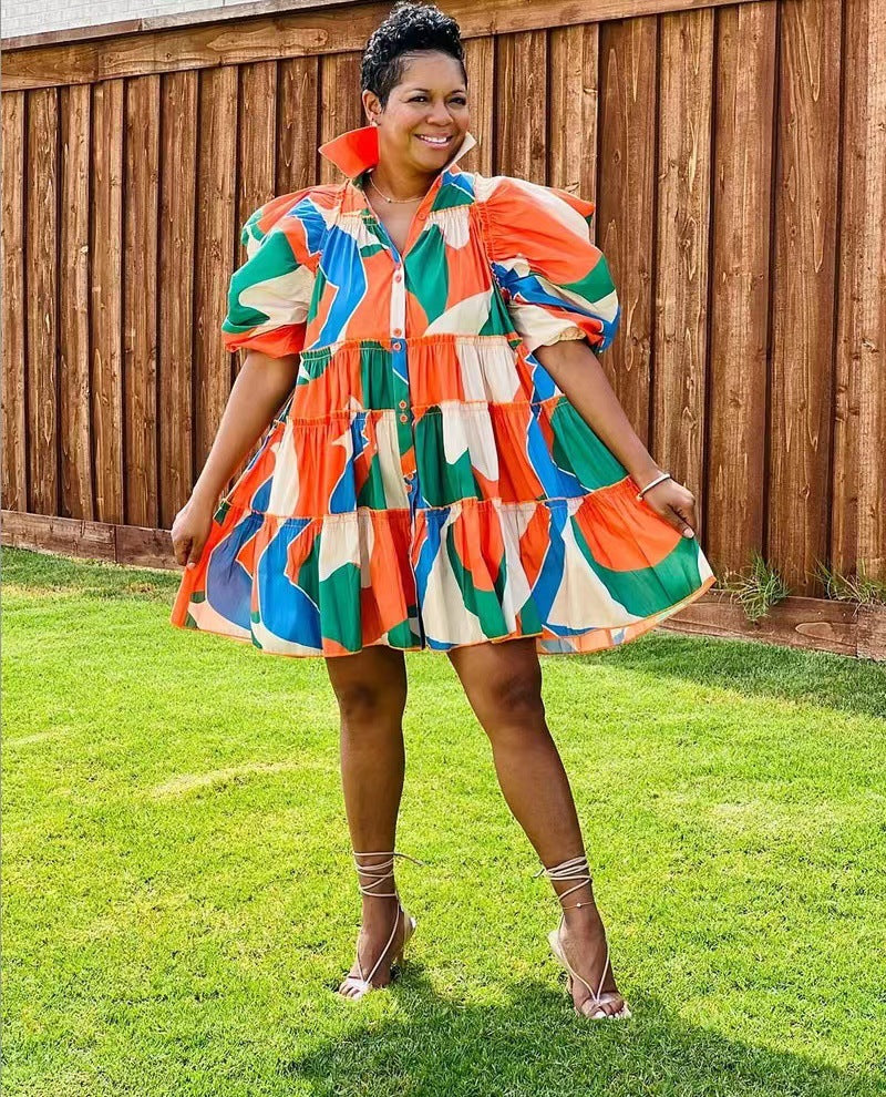 Women Elegant Fashion Casual Ruffled Short Sleeves Color Blocking Shirt Dress