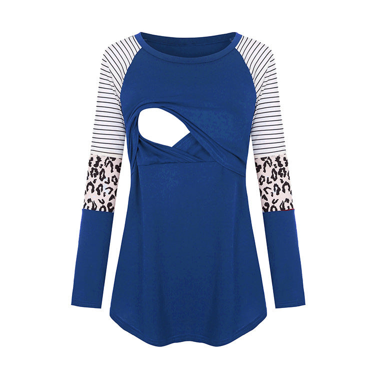 Camiseta de lactancia materna de manga larga con cuello redondo y estampado de rayas de leopardo para embarazadas