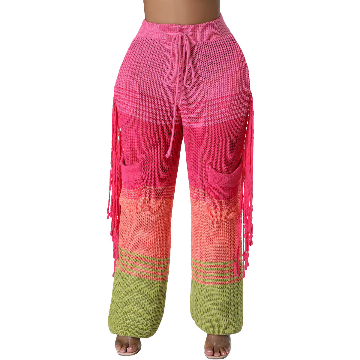 Pantalones rectos holgados con borlas y diseño de bloques de color para mujer, informales, de invierno