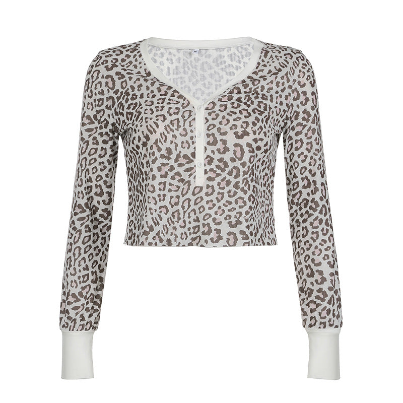 Camiseta sexy de manga larga informal corta con estampado de leopardo en contraste para mujer