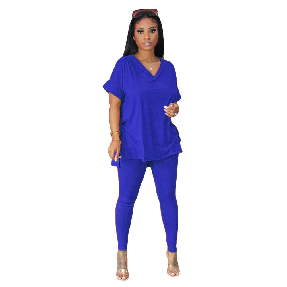 Conjunto de dos piezas para mujer, cuello en V, color liso, holgado, informal, de manga corta, top y pantalón