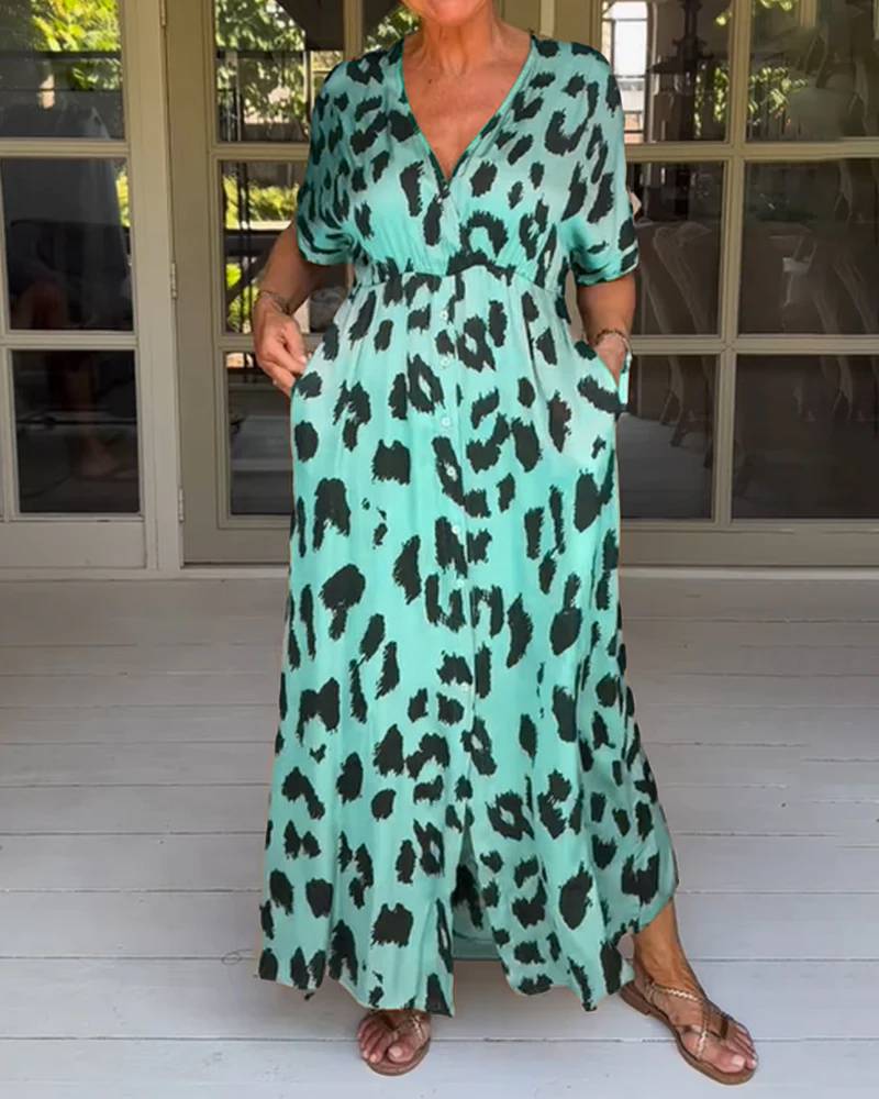 Women Fashion Loose Casual Leopard Print V-Neck Short Sleeve Maxi Dress