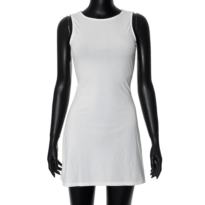 Vestido mini informal de verano para mujer, color liso, cuello redondo, sin mangas