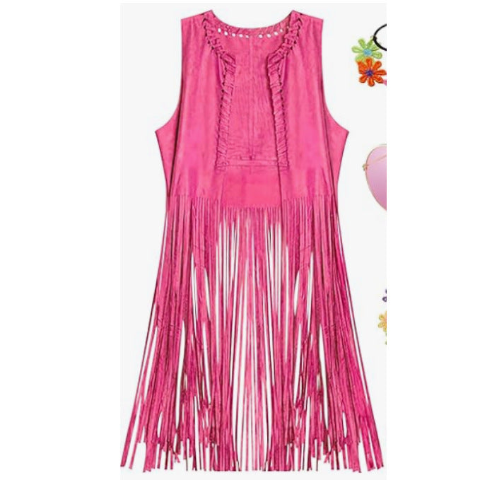 Women Fashion Casual Solid Color Suede Sleeveless Long Tassels Vest