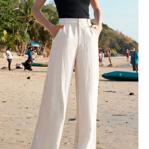 Women Fashion Casual Cotton Linen Solid Color High Waist Wide Leg Pants