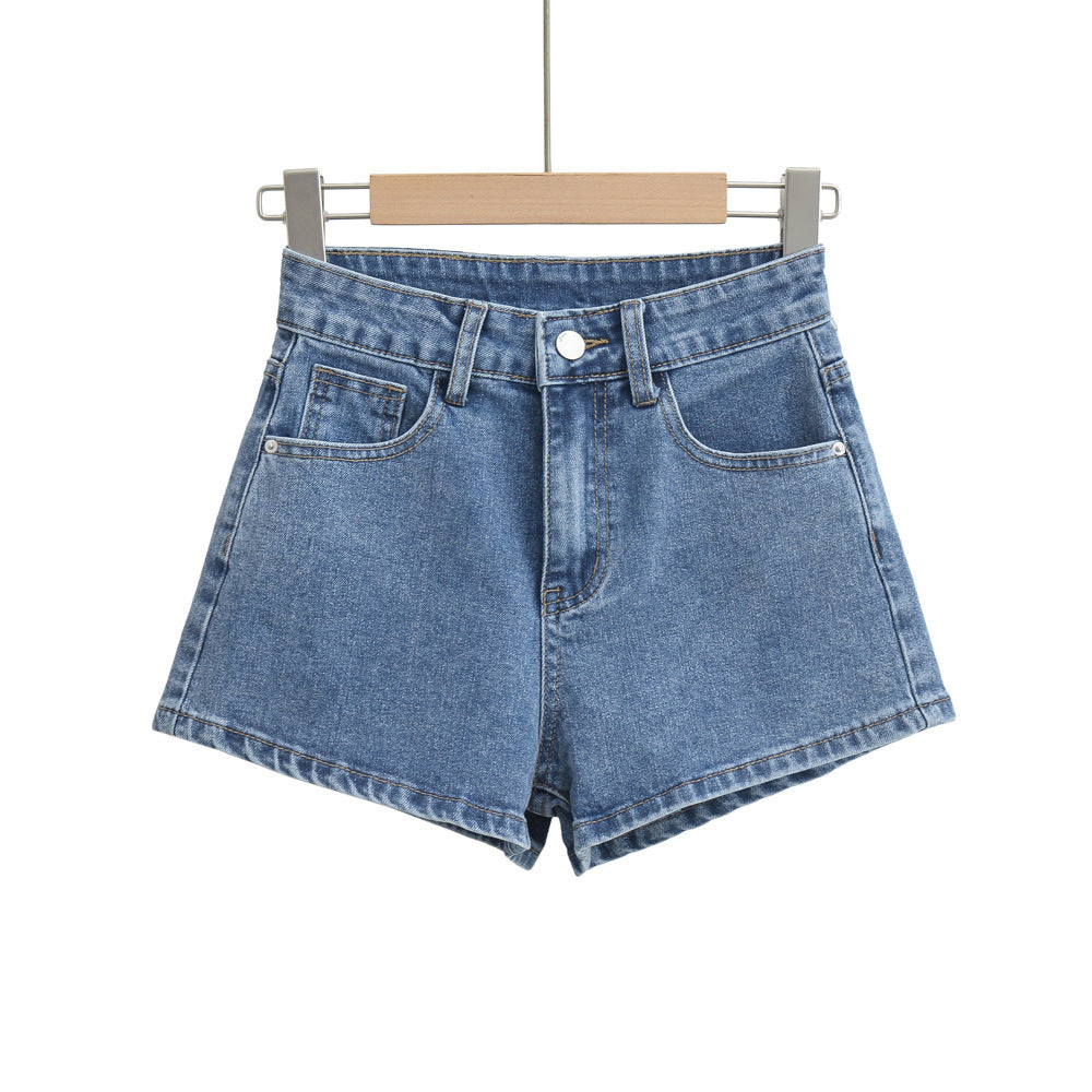 Women Fashion Casual Solid Color High Waist Straight Denim Shorts
