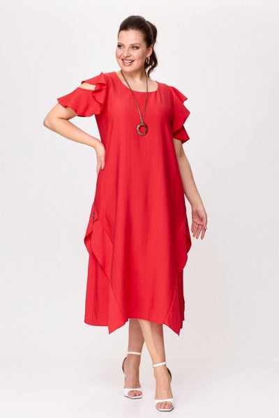 Summer Women Casual Solid Color Plus Size Ruffled Short Sleeve Dress
