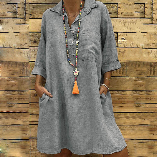 Vestido holgado informal de color liso con solapa para mujer, talla grande, otoño e invierno