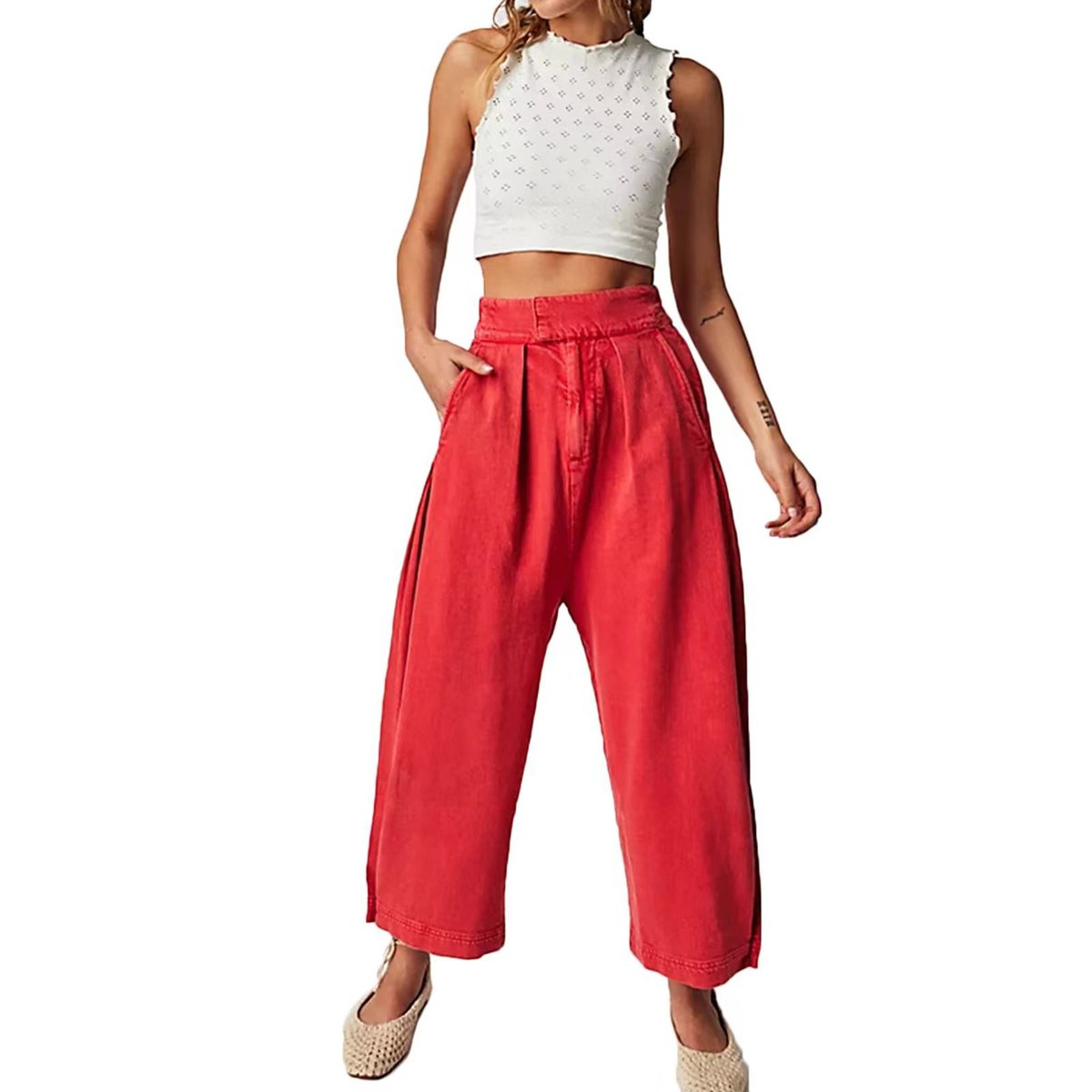 Vaqueros holgados de cintura elástica de color liso para mujer