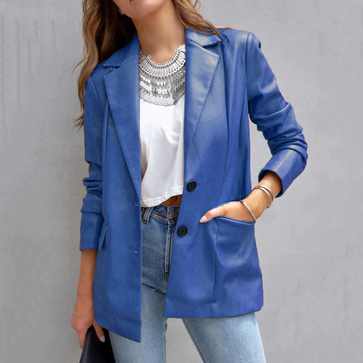 Chaqueta blazer informal de manga larga con botones y cárdigan de PU de color sólido a la moda para mujer