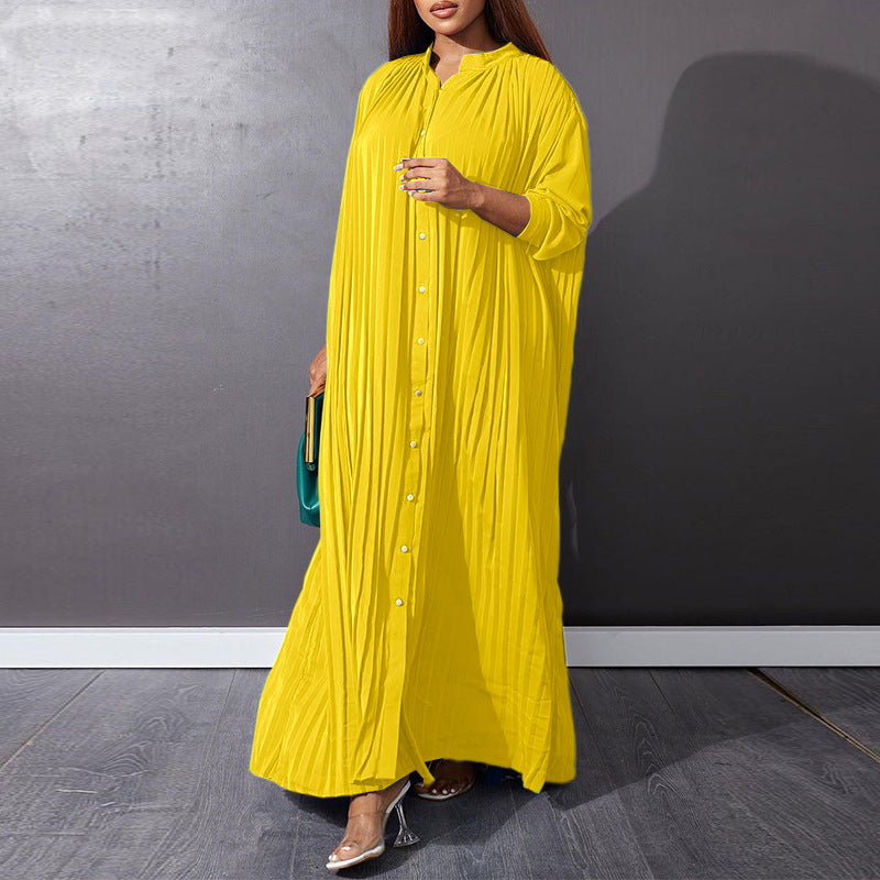 Women Fashion Plus Size Solid Color Loose Casual Creased Maxi Dress