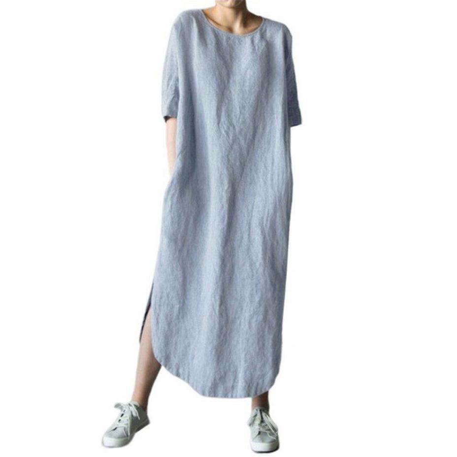 Women Casual Round Neck Half Sleeve Solid Color Cotton Linen Side-Slit Maxi Dress
