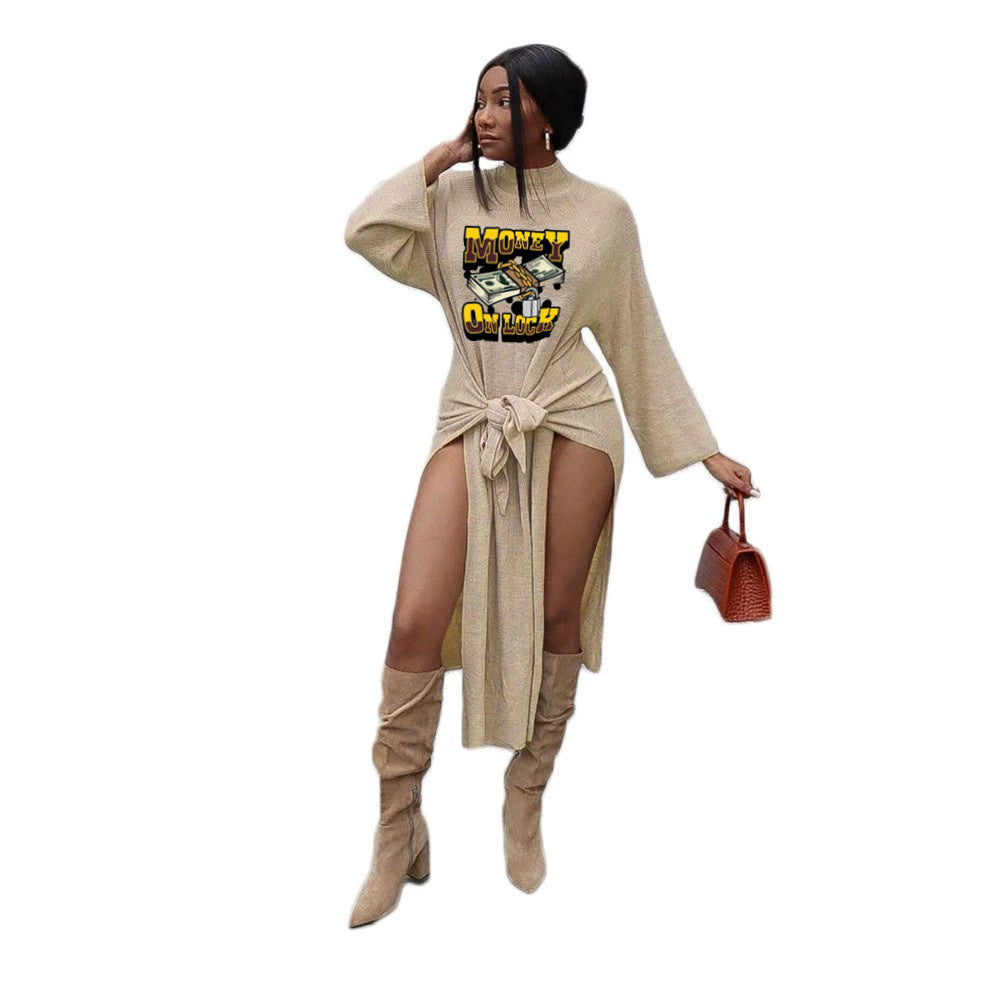 Women Casual Style Letter Cash Printing Pullover Rib-Knit Mid-Waist Bandage Dress
