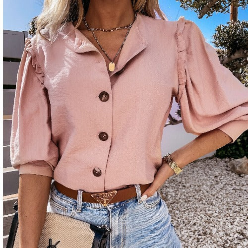 Blusa elegante básica informal de color liso con mangas cortas y volantes para mujer