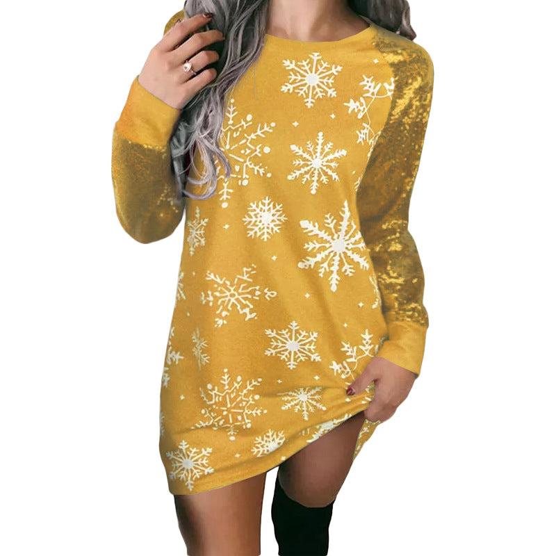 Women Christmas Casual Colorblock Snowflake Print Long Sleeve Dress