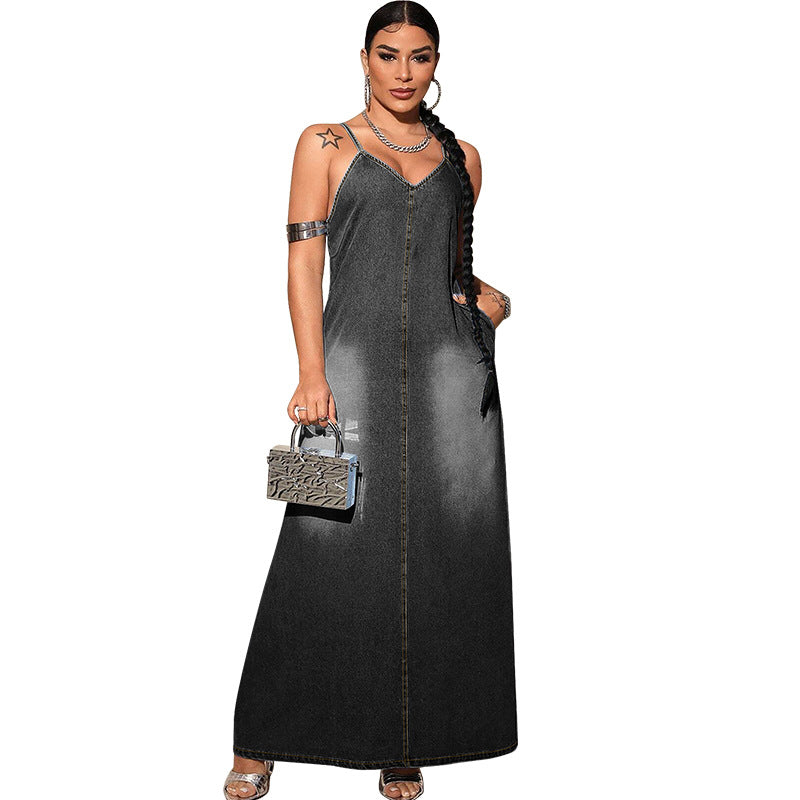 Women Fashion Casual Simple Sleeveless Camisole Denim Dress