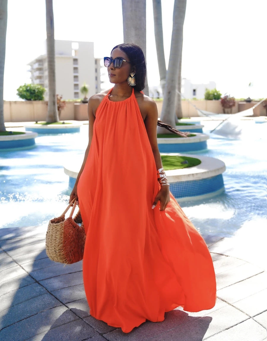 Women Fashion Casual Sleeveless Halter Neck Backless Solid Color Loose Dress