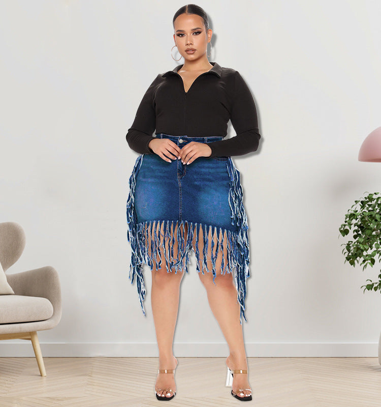 Plus Size Women Casual Solid Color Tassel Denim Skirt