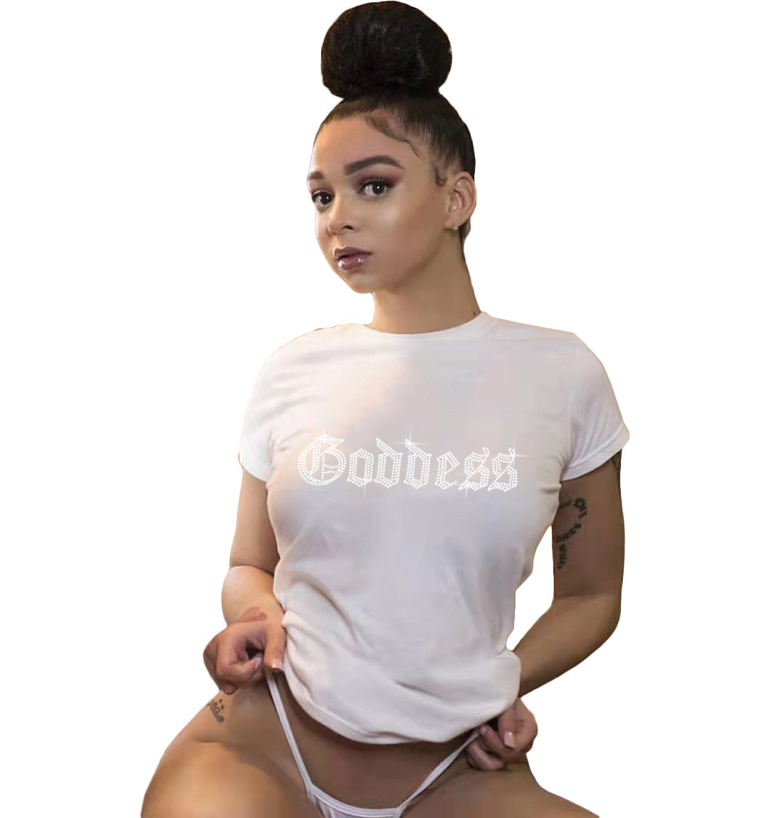 Camiseta básica informal de manga corta con cuello redondo y diamantes de imitación para mujer