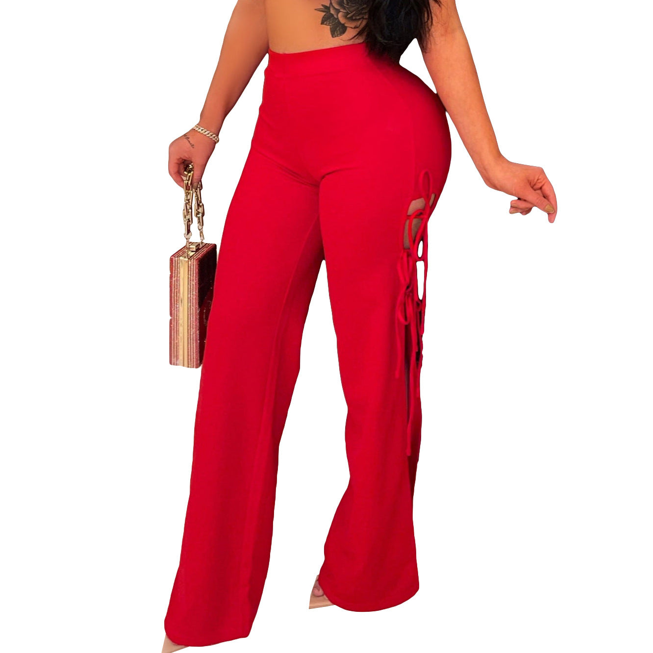 Pantalones casuales de cintura alta con abertura y cordones de color liso para mujer
