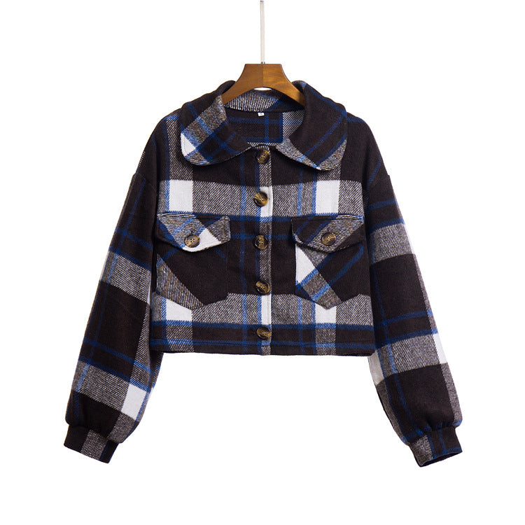 Women Elegant Casual Long-Sleeved Single-breasted Plaid Lapel Color Blocking Shacket