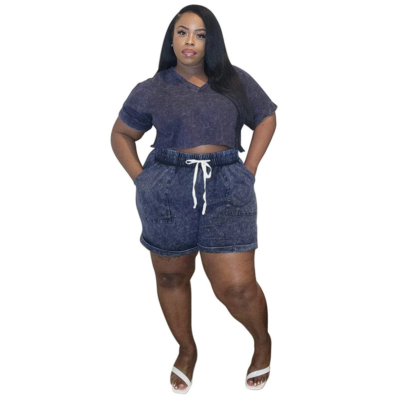 Women Casual Plus Size Printed Short Sleeve Crop Top Drawstring Shorts Two-Piece Set