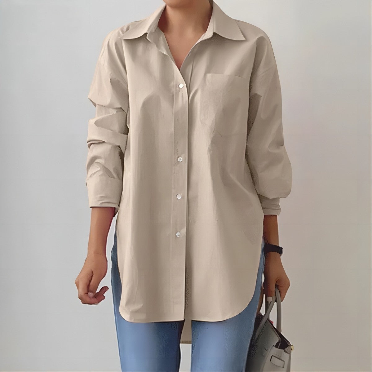 Blusa informal sencilla de color liso con solapa y manga larga para mujer, con botonadura sencilla y abertura