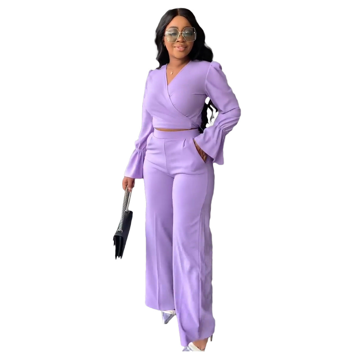 Conjunto informal de dos piezas para mujer, con cuello en V, manga larga y pantalones anchos, color liso