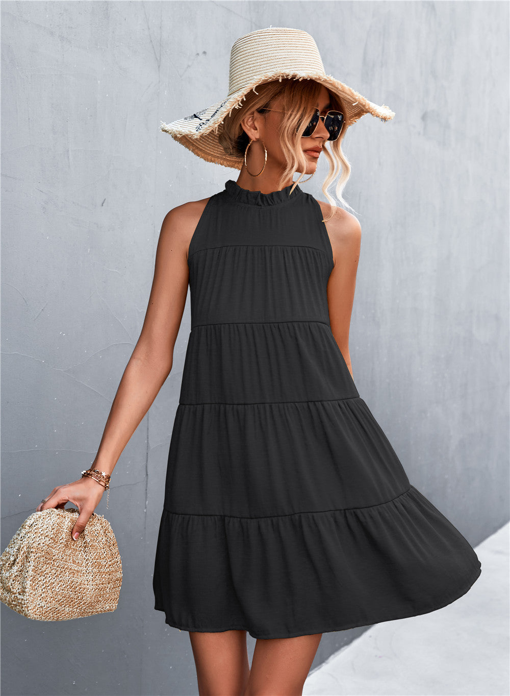 Vestido de verano para mujer, informal, dulce, de color liso, sin mangas, con cuello halter, holgado, corte A