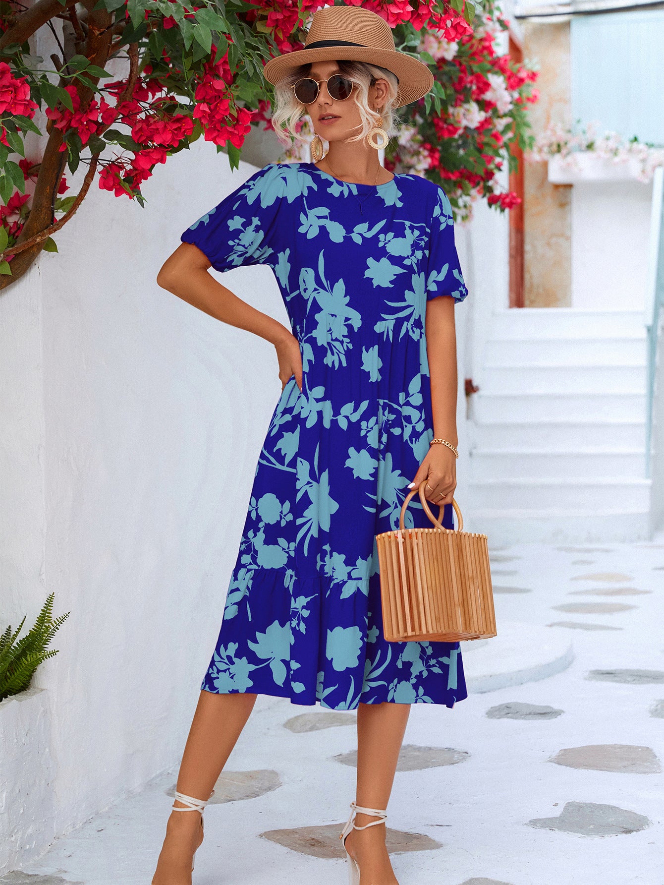 Summer Vacation Women'S Casual Loose Puff Sleeve Floral Printed Midi Dress