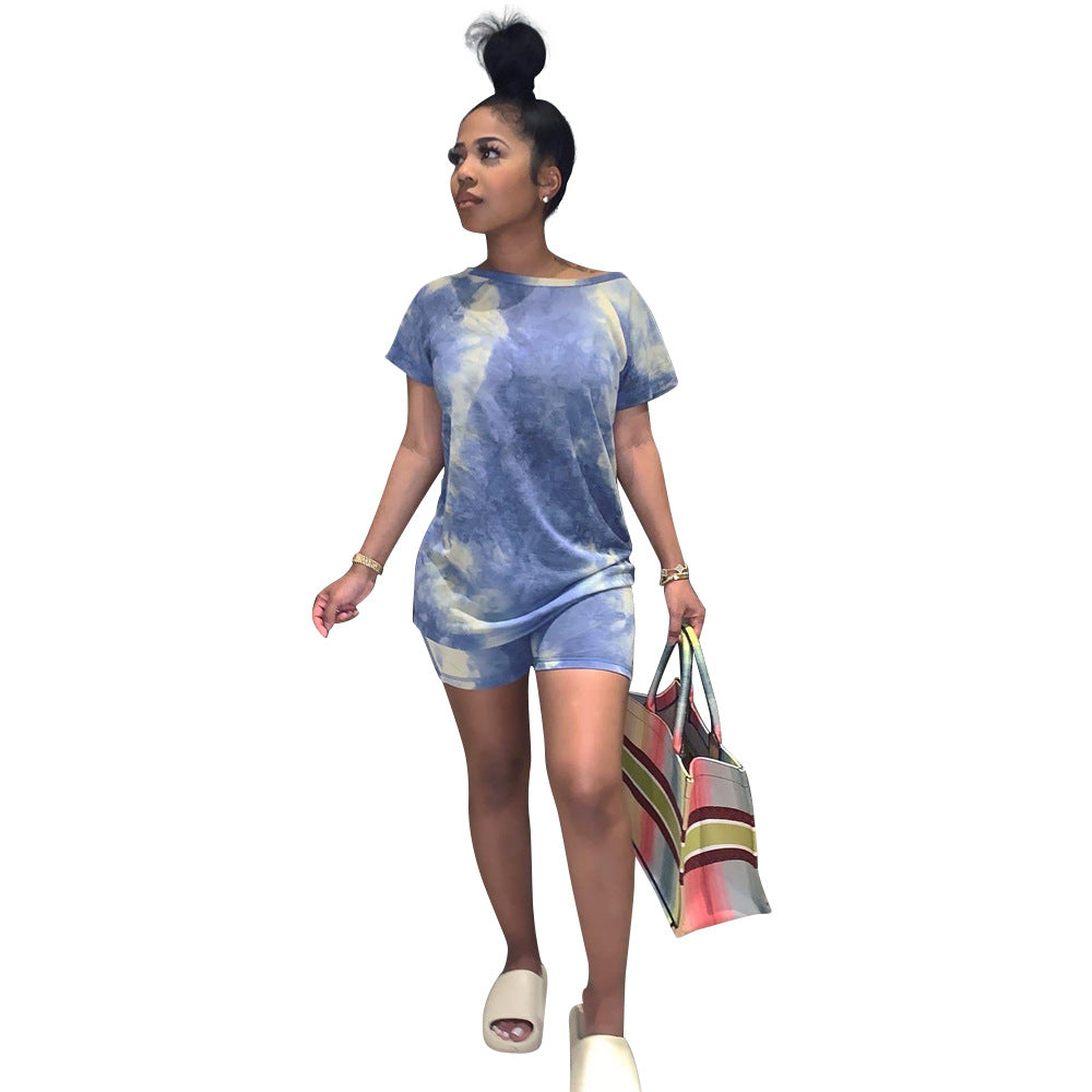 Women Fashion Casual Printed Round Neck Short Sleeve Top Loose Shorts Set