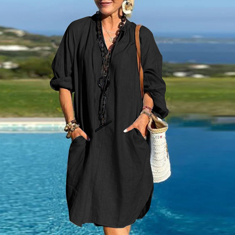 Fashion Casual Women Linen Solid Color Long-Sleeved V-Neck Loose Dress