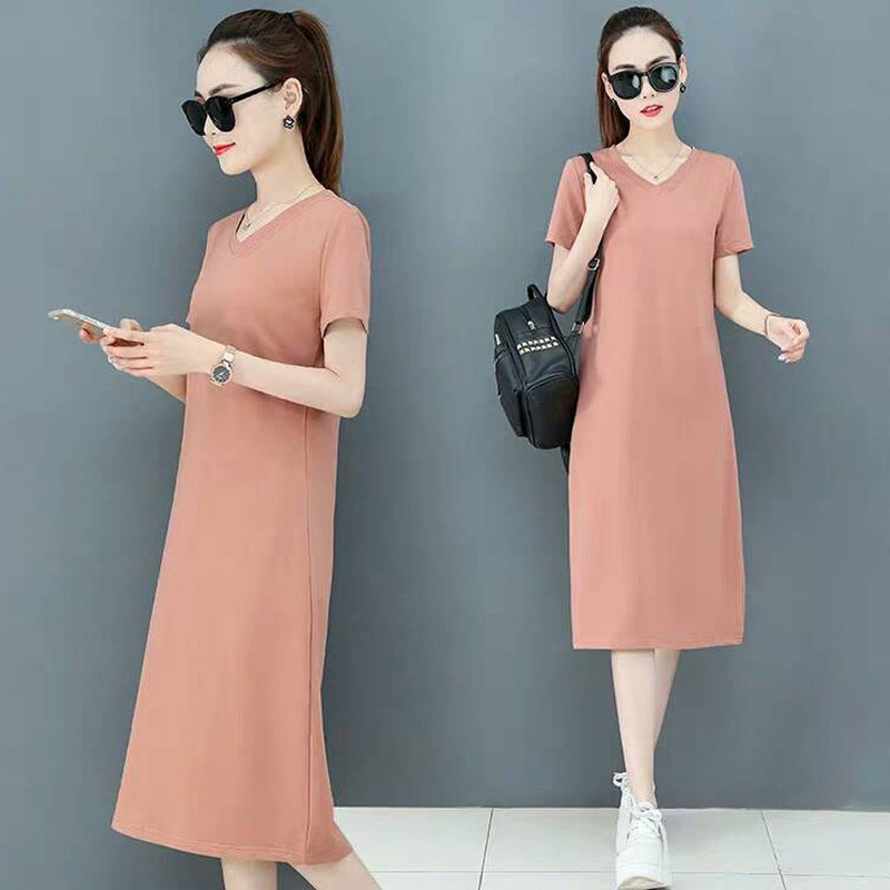 Vestido informal de manga corta con cuello en V y color liso para mujer